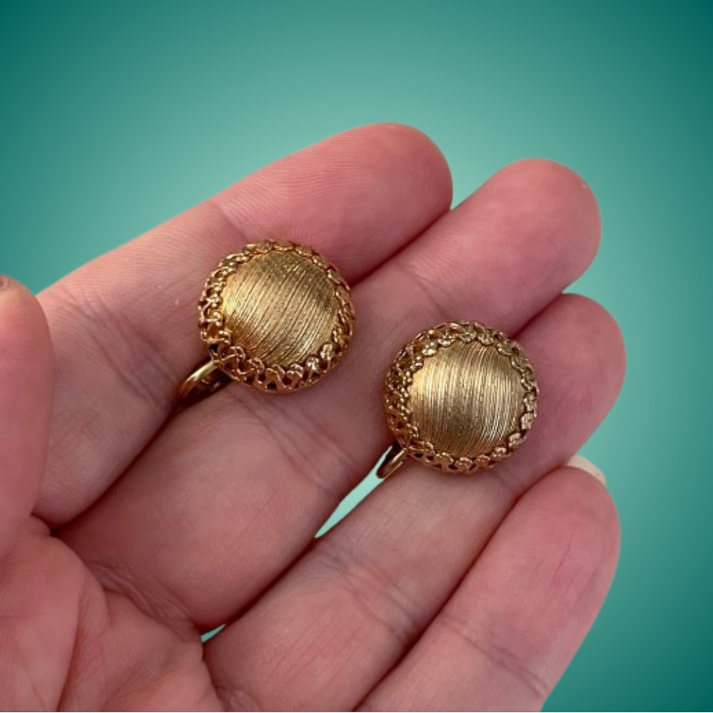 Vintage brushed goldtone caged dome clip earrings unmarked